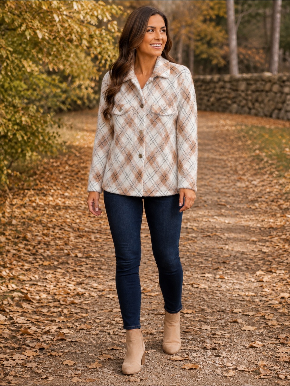 Max Studio Fuzzy Argyle Plaid Sweater Jacket Shacket Cream Blush M